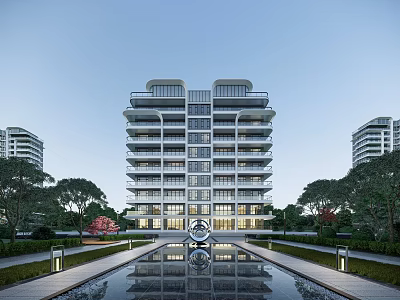 Elegant Modern Mid Rise Residential Building With Symmetrical Design Water Pond And Lush Greenery 3d model