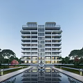 Elegant Modern Mid Rise Residential Building With Symmetrical Design Water Pond And Lush Greenery