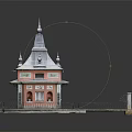 Traditional Multi tiered Architectural Structure With Spire Roof Red Walls Gray Roofing And Platform Railing