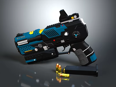 Futuristic Tactical Gun With Blue Black Design Textured Grip Bullets And Magazine 3d model