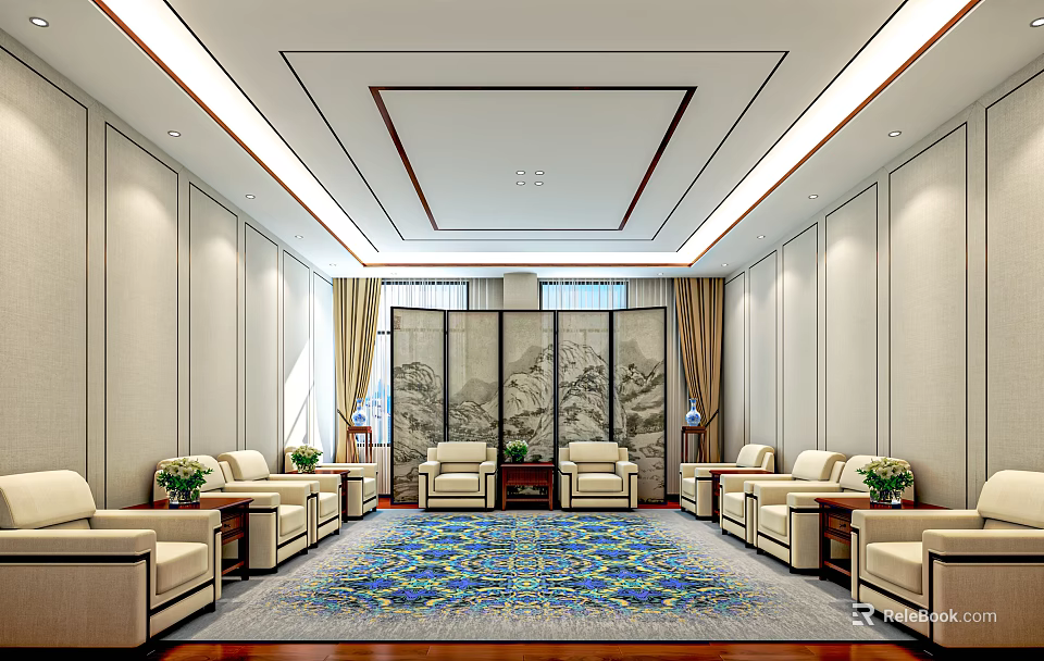 Spacious Hotel Public Lounge With Landscape Screen Beige Sofas And Decorative Carpet 3d model