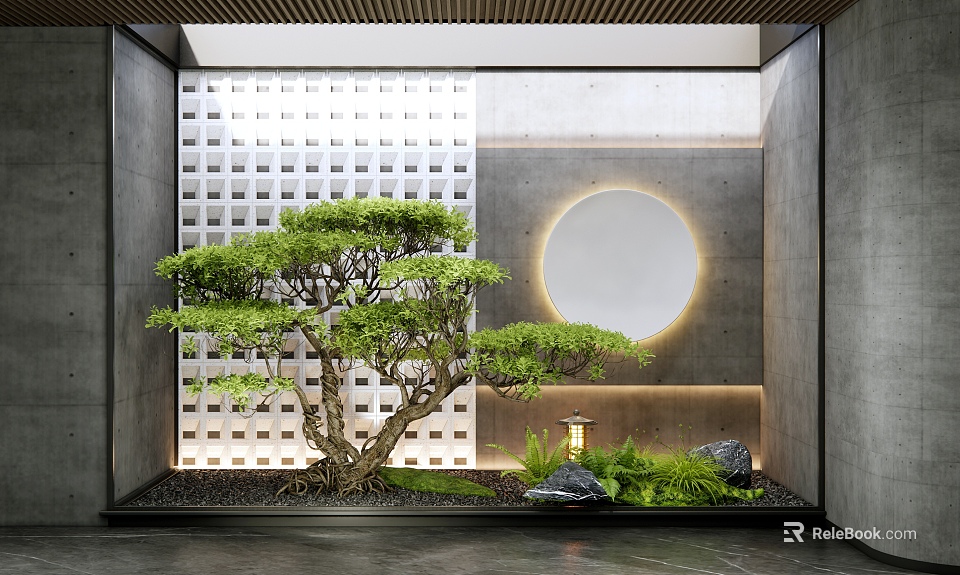 Indoor Landscape With Bonsai White Lattice Wall Circular Light Decor Black Pebbles And Green Plants 3d model 