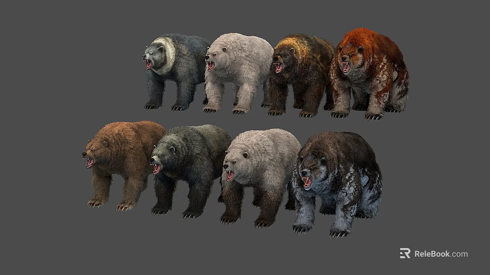Collection of Roaring Bears with Various Fur Colors and Textured Coats 3d model 