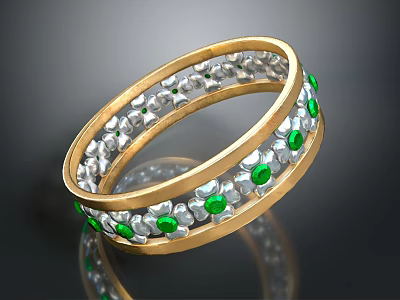 Elegant Jewelry Ring With Golden Band Silver Accents And Green Gemstones Exquisite Inlaid Design 3d model