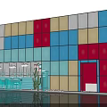 Youth Players Vibrant Colorful Cube Building Exhibition Hall With Entrance And Figures
