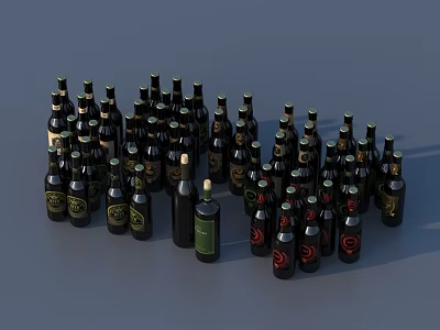 Numerous Wine Bottles And Wine Glasses With Decorative Labels On Dark Surface 3d model