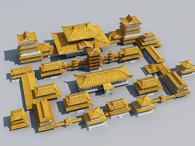 Ancient Chinese Architecture Complex With Golden Roofs And Multi Tiered Towers 3d model