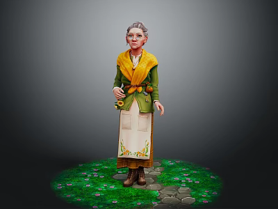 Elderly Woman in Green Coat With Yellow Scarf Standing on Grass Path With Flowers 3d model
