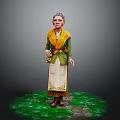 Elderly Woman in Green Coat With Yellow Scarf Standing on Grass Path With Flowers