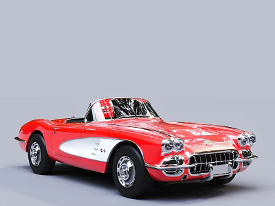 Red Classic Convertible Car With White Stripes And Vintage Design Details 3d model