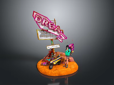 Neon Dream Sign Decorative Scene With Figure Small Cart And Orange Base 3d model