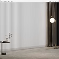 White Vertical Blinds in Modern Interior with Dark Curtains Small Table and Floor Lamp