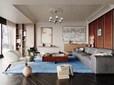 Modern Living Room Interior With Gray Sofa Blue Rug Wooden Coffee Table And Green Plants 3d model