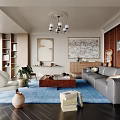 Modern Living Room Interior With Gray Sofa Blue Rug Wooden Coffee Table And Green Plants