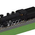 Black Steam Train Model on Railway Track with Green Grass and Gray Sky