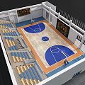 Basketball Gymnasium Interior With Wooden Court Blue Yellow Seats And Scoreboard