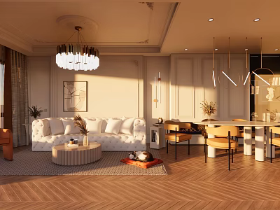 Modern Living And Dining Room Interior With White Sofa Round Coffee Table And Pendant Lights 3d model