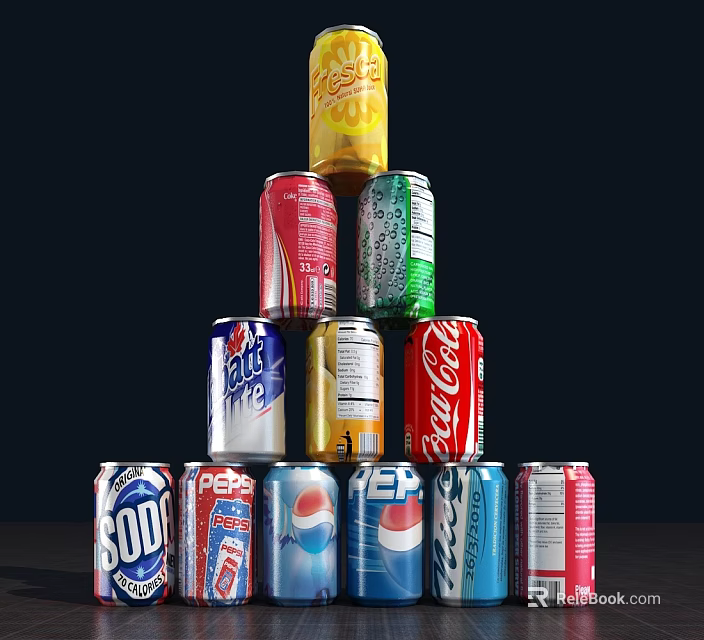 Assorted Colorful Beverage Cans Stacked With Various Carbonated Drink Brands 3d model 