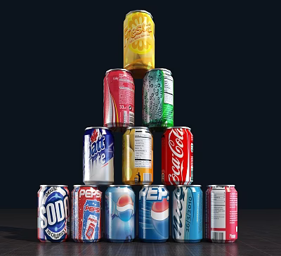 Assorted Colorful Beverage Cans Stacked With Various Carbonated Drink Brands 3d model