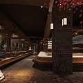 Japanese Style Restaurant Interior With Wooden Reception Counter And Red Decorative Tree