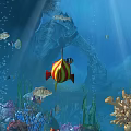 Colorful Aquatic Animals Swimming in Underwater Scene with Coral Reef Ancient Arch and Sunlight Rays