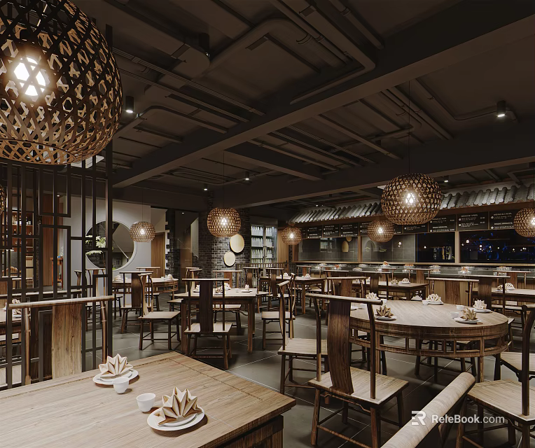 Traditional Restaurant Interior With Wooden Tables Chairs And Ornate Hanging Pendant Lights 3d model 