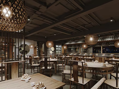 Traditional Restaurant Interior With Wooden Tables Chairs And Ornate Hanging Pendant Lights 3d model