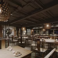 Traditional Restaurant Interior With Wooden Tables Chairs And Ornate Hanging Pendant Lights