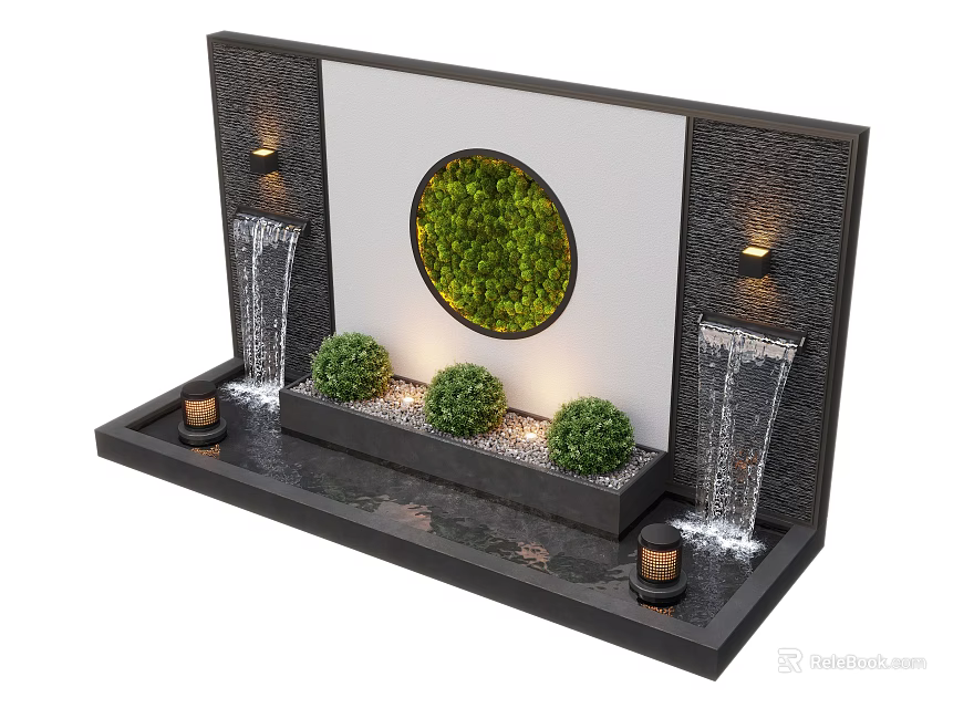 Modern Water Fountain With Waterfall Features Circular Green Moss Panel Small Shrubs And Decorative Lighting 3d model 