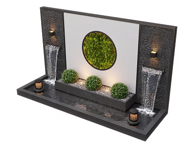 Modern Water Fountain With Waterfall Features Circular Green Moss Panel Small Shrubs And Decorative Lighting 3d model