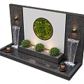 Modern Water Fountain With Waterfall Features Circular Green Moss Panel Small Shrubs And Decorative Lighting