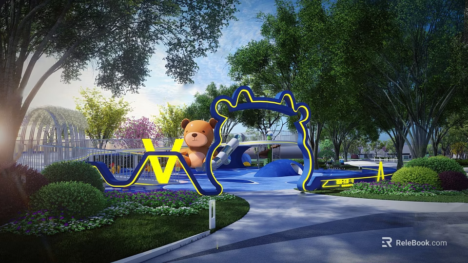 Colorful Children's Playground With Blue Slide Yellow Teddy Bear Green Trees And Grass 3d model 
