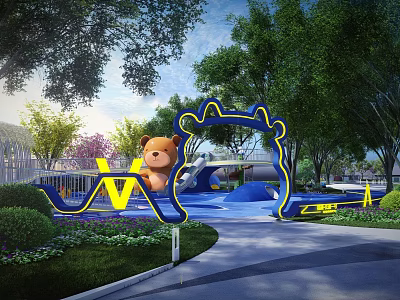 Colorful Children's Playground With Blue Slide Yellow Teddy Bear Green Trees And Grass 3d model
