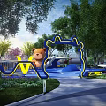 Colorful Children's Playground With Blue Slide Yellow Teddy Bear Green Trees And Grass
