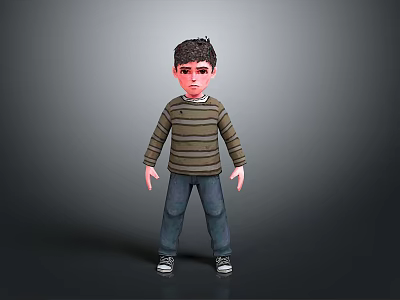 Child Wearing Striped Sweater Jeans and Sneakers on Gray Background 3d model