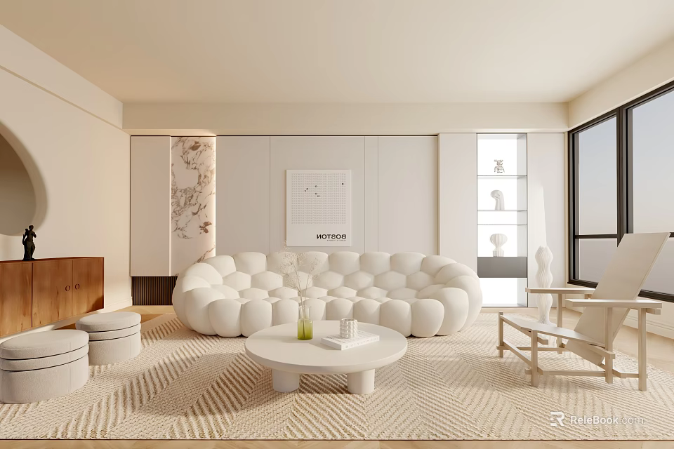 Modern Living Room With Cloud Sofa Round Coffee Table Wooden Fireplace And Floor to Ceiling Windows 3d model 