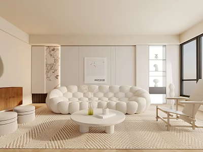 Modern Living Room With Cloud Sofa Round Coffee Table Wooden Fireplace And Floor to Ceiling Windows 3d model