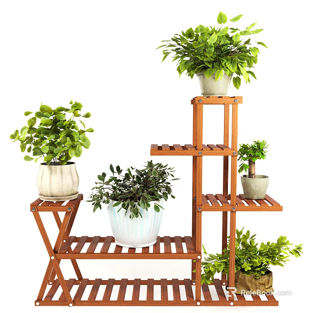 Garden Decor With Wooden Plant Stands And Various Green Potted Plants 3d model 