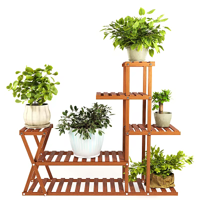 Garden Decor With Wooden Plant Stands And Various Green Potted Plants 3d model