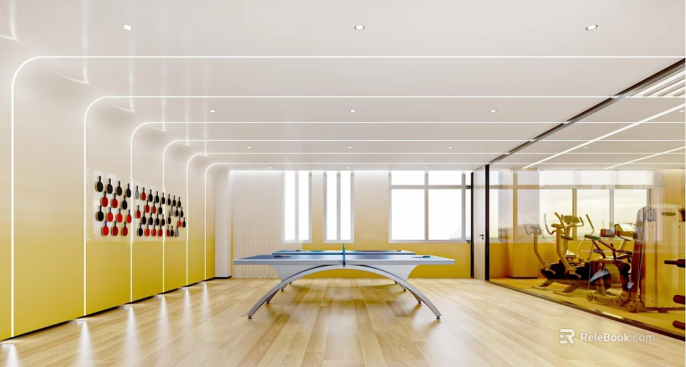 Modern Sports Room With Ping Pong Table And Gym Equipment 3d model 