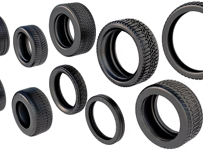 Different Types of Vehicle Tires Featuring Various Tread Patterns And Sizes 3d model