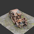 Rusted Damaged Car With Broken Parts And Exposed Interior Abandoned On Grassland