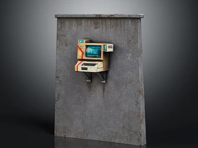 Vintage Computer Terminal Mounted On Rusty Concrete Wall With Beige Orange Green Panel And Screen 3d model