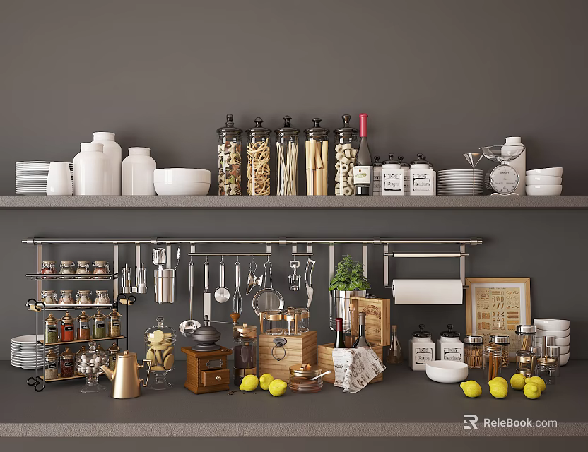 Organized Kitchen Utensils On Shelf With Containers Spices Bowls And Lemons 3d model 