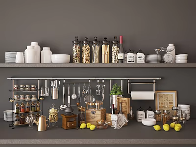 Organized Kitchen Utensils On Shelf With Containers Spices Bowls And Lemons 3d model