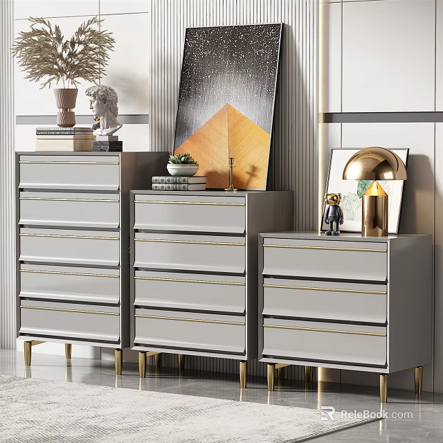 Stylish Gray Dressers With Gold Legs And Decorative Items Like Plant Books And Lamp 3d model 