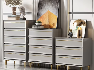 Stylish Gray Dressers With Gold Legs And Decorative Items Like Plant Books And Lamp 3d model
