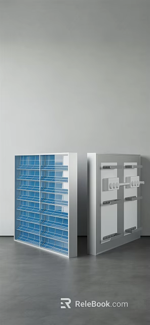 Modern Household Appliances Cabinets Featuring Blue Grid Shelves And Hook Designs 3d model 