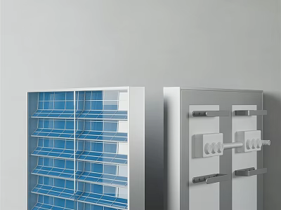 Modern Household Appliances Cabinets Featuring Blue Grid Shelves And Hook Designs 3d model
