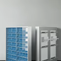 Modern Household Appliances Cabinets Featuring Blue Grid Shelves And Hook Designs